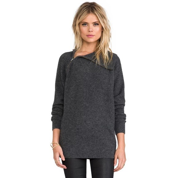 Theory Dimonica Avalon Wool Blend Gray‎ M Ribbed Turtleneck Sweater w Zip Accent
